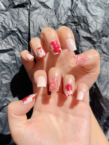 OPOOLA 24 pcs Short Square Shape Halloween Blood Rose Soft Gel Fake Press On Nails with Jelly Glue&Nail Buffer